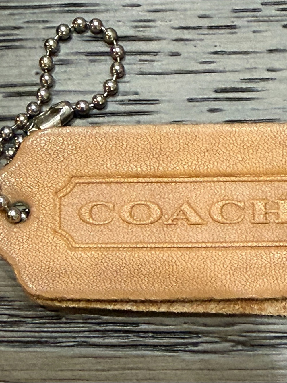Vintage Coach Leather hangtag in camel with nickel/silver Ball Chain